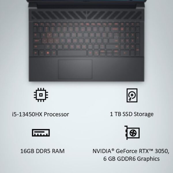 Dell G15-5530 Gaming Laptop, 13th Gen Intel Core i5-13450HX| NVIDIA RTX 3050, 6GB (16GB RAM|1TB SSD, FHD|Window 11|MS Office' 21|15.6" (39.62cm)|Orange Backlit Keyboard& G-Key|Dark Shadow Grey|2.65Kg - Image 2
