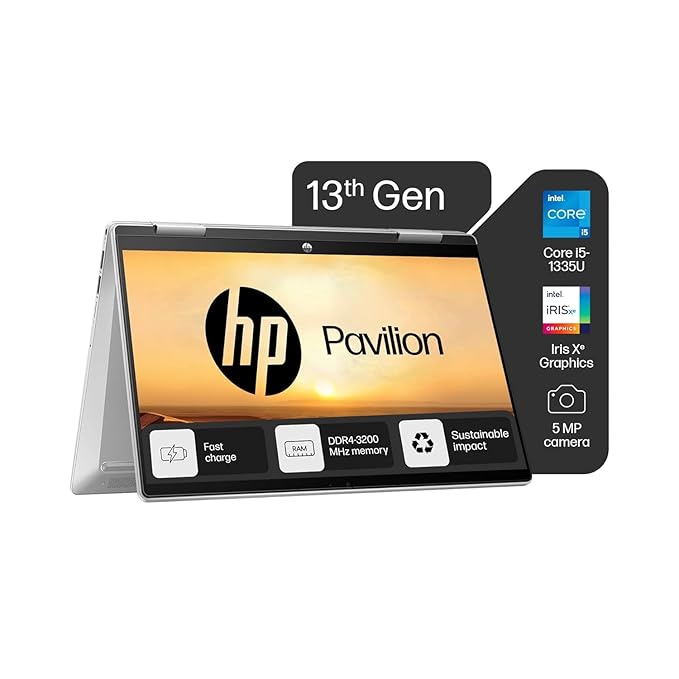 HP Pavilion x360, New Laptop 13th Gen Intel Core i5-1335U (16GB DDR4, 512GB SSD) Touchscreen, 14"/35.6cm, FHD, Win 11, Office 21, Silver, 1.51kg, ek1074tu/1148tu, Iris Xe, FPR, 5MP Camera, Backlit KB Laptop
