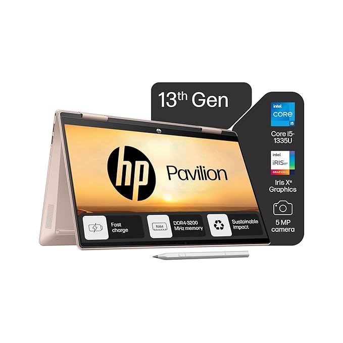 HP Pavilion x360, New Laptop Intel Core i5 13th Gen-1335U Laptop (16GB RAM, 1TB SSD), Touchscreen 2-in-1, IPS, 14"/35.6cm,FHD, Windows 11, MS Office 2021, Rose Gold, 1.41Kg, Intel Iris Xe Graphics, ek1009TU