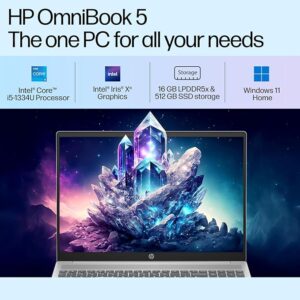 HP OmniBook 5  ba1008TU New Laptop (Previously Pavilion) 13th Gen Intel Core i5 1334U (16GB LPDDR5X,512GB SSD) 2K,IPS, 300nits, 16''/40.6cm, Win11,M365 Basic(1yr),Office Home24, Silver,1.79kg, Camera w/Shutter,